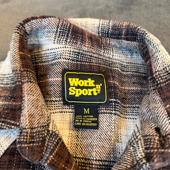 Work n Sport Brown Plaid Heavy Flannel Pearl Snap Western Shirt Mens Medium - Picture 3 of 9
